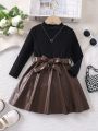 Young Girl Two Tone Belted PU Leather Dress