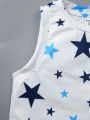 SHEIN Kids QTFun 3pcs/Set Young Boys' Casual Sport College Street Star, Stripe, Tool Car Print T-Shirt And Dark Blue Vest
