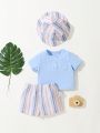 SHEIN Newborn Baby Boys' Solid Color Round Neck Top, Striped Shorts And Hat 3-Piece Set