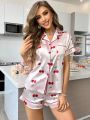 Contrast Color Cherry Print Short Sleeve Shirt And Shorts Set With Imitation Silk Edging For Sleepwear