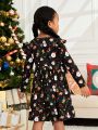 SHEIN Kids Cooltwn Young Girl Christmas Print Ruffle Trim Dress