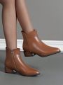 Women's Fashionable Short Boots With Pointed Toe, Side Zipper, Mid Heel, Chunky Heel, Brown, Anti-slip And Comfortable
