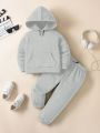 SHEIN Kids QTFun Toddler Boys' Casual Thick Hooded Sweatshirt And Pants Set For Autumn/Winter