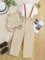 SHEIN Kids FANZEY Boys' Gentleman Suit Waistcoat, Necktie, Dress Shirt And Suspenders Trousers Set