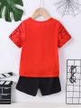 SHEIN Young Boy Cool Spider & Letter Print Short Sleeve T-Shirt And Shorts Summer Outfits