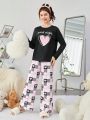 SHEIN Teen Girls' Knitted Heart  Slogan Pattern Round Neck T-Shirt And Long Pants Set