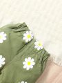 Baby Girl Floral Print Paperbag Waist Roll Up Hem Denim Shorts