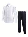 Boys' Solid Color Long Sleeve Dress Shirt Two-Piece Set For Spring, Performance, Show
