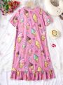 Tween Girls' Cute Ice Cream Print Loose Short Sleeve Sleep Dress