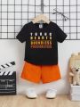 SHEIN Unisex Baby Letter Printed Short Sleeve T-Shirt And Casual Shorts Set