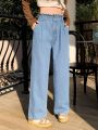 Teen Girl's Vintage Light Blue Elastic Waist Wide Leg Jeans With Comfortable & Soft Drape And Casual Vacation Style