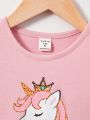 SHEIN Kids QTFun Young Girl's Round Neck Short Sleeve T-Shirt With Animal Pattern & Mesh Fabric Hem