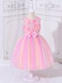 SHEIN Kids CHARMNG Young Girl'S Princess Style Romantic 3d Flora Rose Ombre Mesh Dress