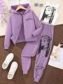 3pcs/Set Teen Girls' Casual Letter Printed Hoodie With Character Printed Sweatpants Set
