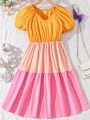 SHEIN Kids Y2Kool Girls' Elegant V-Neck Multicolor Patchwork Dress
