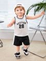 SHEIN Baby Boys' Number Patterned Round Neck Sleeveless Vest & Color Block Shorts 2pcs/set