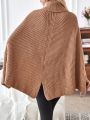 Turtleneck Cloak Sleeve Ribbed Knit Poncho Sweater