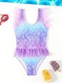 Young Girl's Gradient Mermaid Scale Pattern Mesh Splice One-Piece Swimsuit