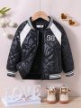 Boys' Casual Jacket With Diamond Quilted Pattern, Embroidered Numbers, Zipper And Inserted Shoulder Sleeves