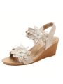 Wedge Sandals for Women Bohemia Elastic Ankle Strap Sandals Open Toe Flower Rhinestone Summer Platform Shoes Sandal