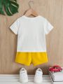 SHEIN Fashionable Baby Boy Car & Letter Printed Top And Solid Color Shorts Set