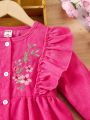 SHEIN Kids EVRYDAY Young Girl Floral Embroidery Ruffle Trim Flounce Sleeve Corduroy Dress