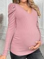 SHEIN Maternity Solid Color Simple V-neck Long Sleeve T-shirt
