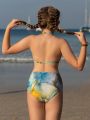 3pcs/Set Tween Girls' Marble Pattern Spaghetti Straps Backless Bikini Swimsuit Set