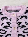 Baby Girls' Leopard Pattern Button Up Cardigan And Knitted Cami Romper Set