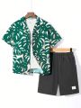 SHEIN Kids SUNSHNE Boys' Casual Plant Leaf Printed Collar Short Sleeve Shirt And Solid Color Shorts Woven Set, Summer Vacation