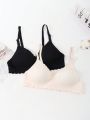 Teenage Girls' 2pcs Solid Color Bra With Scalloped Edges
