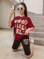 SHEIN Teen Girl Letter Printed Round Neck T-Shirt And Basic Shorts Set