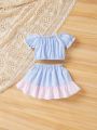 SHEIN Baby Girls' Casual Striped Camisole Top And Color Block Skirt Set