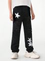 Tween Boys' Street Style Cool Ripped & Distressed Jeans With Elastic Waistband And Star Printed Design