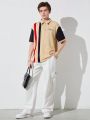 SHEIN Teen Boys' Casual Color Block Polo Shirt With Letter Print, Versatile