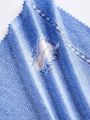 SHEIN Kids HYPEME Little Boys' Spliced Plushy Hooded Jacket And Jeans With Faux Denim Print, 2pcs/set