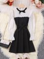 Tween Girl Two Tone Frill Trim Flounce Sleeve Bow Front Belted Dress