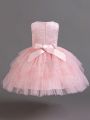 Girls' Embroidered Patch & Sequin Tulle Puffy Party Dress