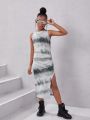 SHEIN Kids Cooltwn Tween Girls' Street Style Knit Sleeveless Bodycon Dress With Round Neck For Sports