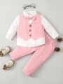 Baby Boy Gentleman Pink Bow Tie Shirt + Vest + Pants Party 3-Piece Set, Romantic And Fashionable, Suitable For Birthday Party, Wedding, Full Moon Celebration, One-Year-Old Birthday Party, Etc.