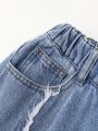 Teen Girls' Basic Casual Elastic Waist Straight Leg Jeans With Frayed Hem Detail