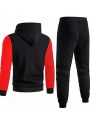 Men's Letter Printed And Contrast Color Zipper Up Hoodie And Sweatpants Sports Suit