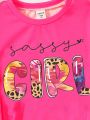 Young Girl's Leopard Print & Letter Printed Short Sleeve T-Shirt