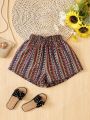 SHEIN Kids EVRYDAY Tween Girls' Woven Geometric Printed Pleated Wide-Leg Shorts For Casual, Spring/Summer