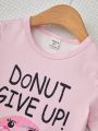 Toddler Girls' Pink Donut Printed Short Sleeve T-Shirt And Pants Casual Home Clothes Set
