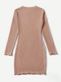 SHEIN Kids EVRYDAY Tween Girls' Knit Ribbed Striped Bodycon Dress With Letter Embroidery And Long Sleeves For Casual Wear