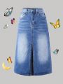 Tween Girls' Basic Casual Mid-Blue Wash No-Stretch Bodycon Jean Skirt With Front Slit