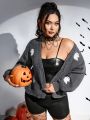 PUNK Plus Halloween Ghost Pattern Drop Shoulder Duster Cardigan