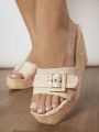 Women'S Beige Wedge Heeled Platform Sandals