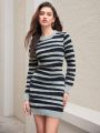 Anewsta Striped Tight Fitting Long Sleeve Sweater Dress